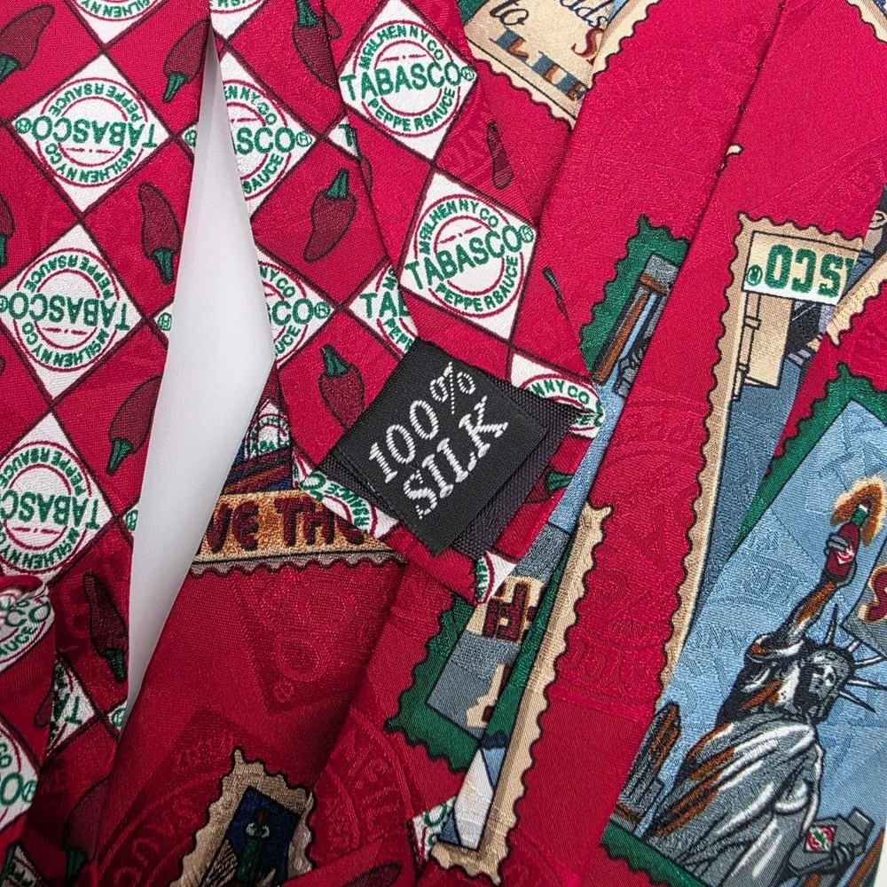 VINTAGE TABASCO TIE MENS RED POSTAGE STAMPS 100% SILK USA AOP NWT HOT SAUCE CHEF